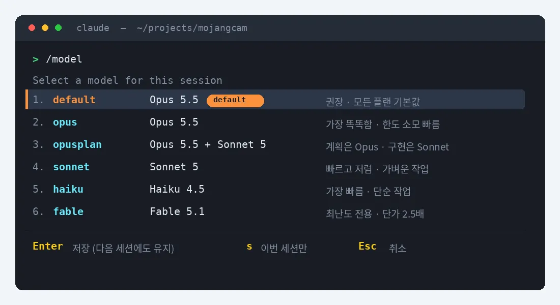 Selector /model de Claude Code — default y opus apuntan a Opus 5.5