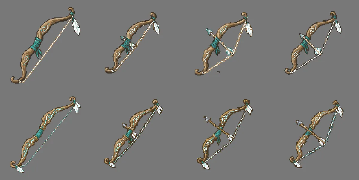 After the fix. Each row shows the original next to the same bow's 3 pulling stages, lined up at the grip
