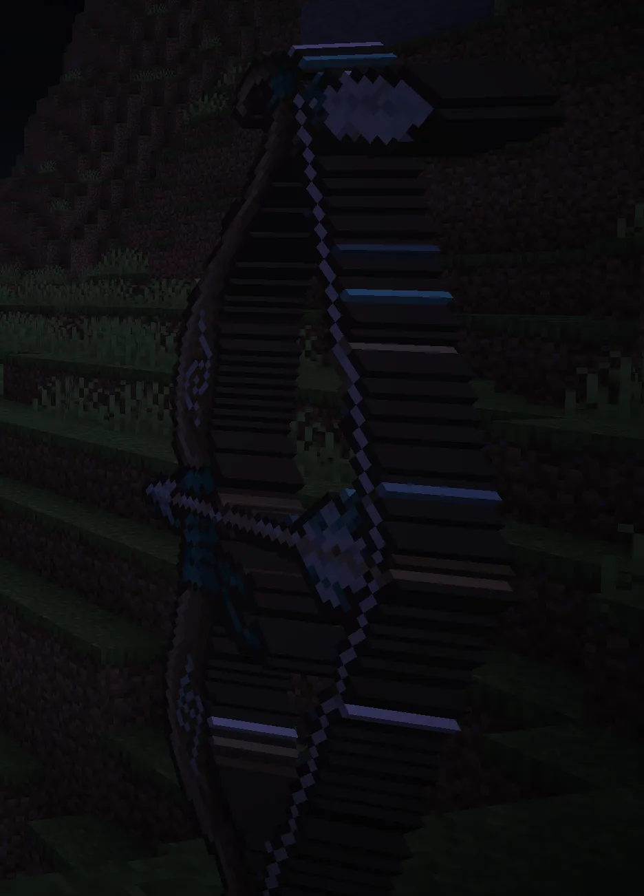 Bow held in first person. Dense horizontal stripes on the side of the bow body make it look staticky