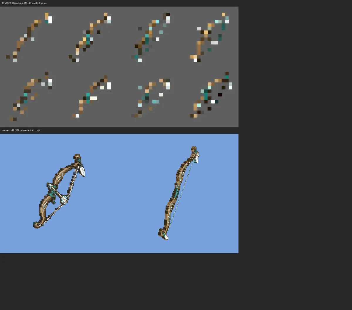 Top: the 3D model I received (16×16 voxels) in 8 states / Bottom: the model in use now