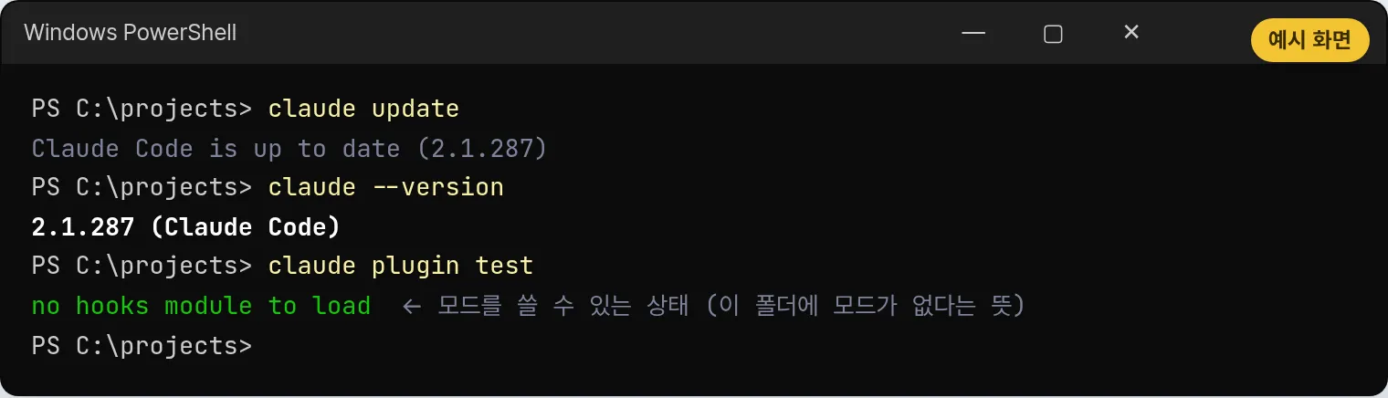 예시 화면: PowerShell에서 claude --version이 2.1.287로 나오고, claude plugin test 출력에 no hooks module to load가 보이는 화면
