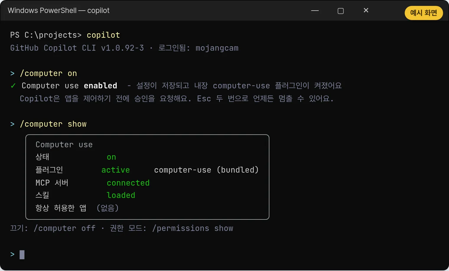 예시 화면: Copilot CLI 세션에서 /computer on 을 치자 컴퓨터 사용이 켜지고, /computer show 로 플러그인·MCP 서버·스킬 상태가 나오는 PowerShell 화면